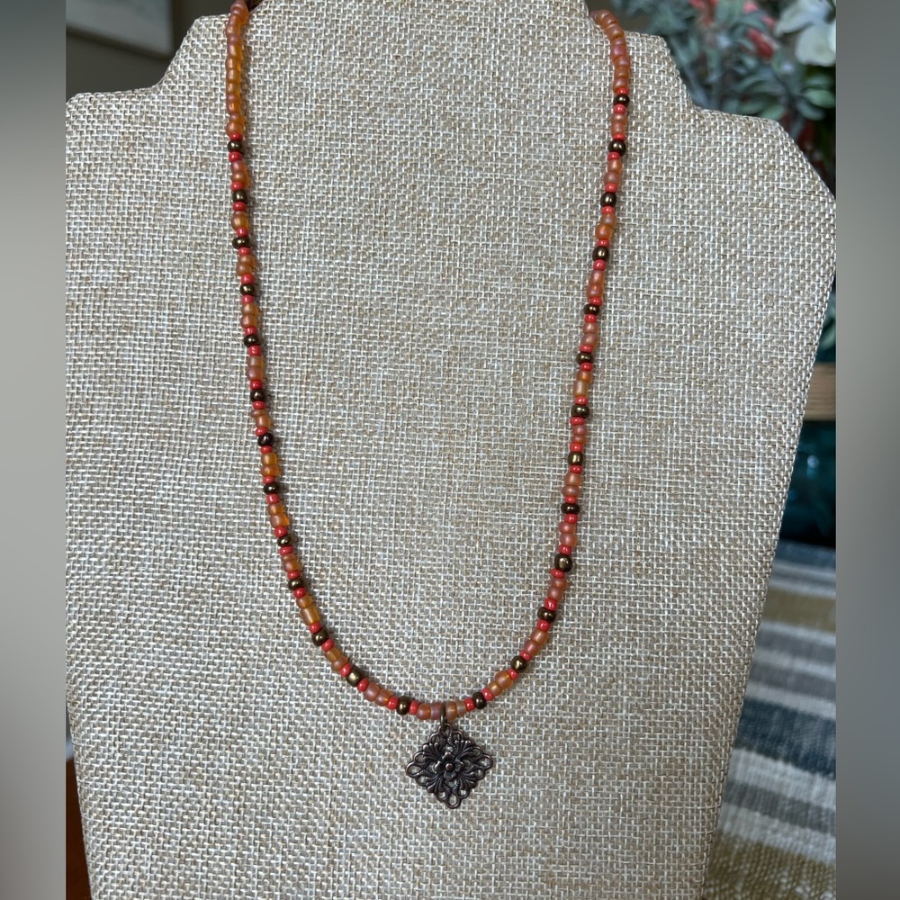 Coral and Bronze Beaded Necklace